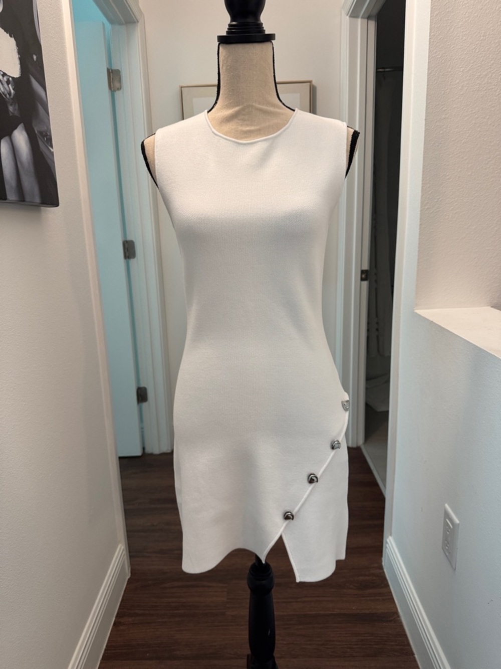 Zara White Sleeveless Mini Dress with Diagonal Button Detail